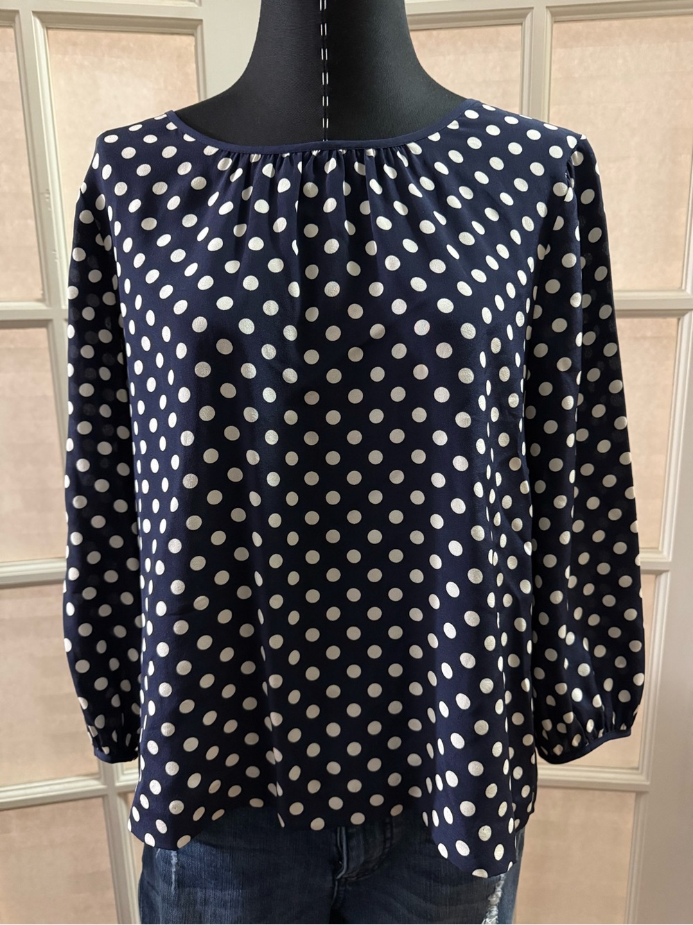 J. Crew Navy Blue Polka Dot Long Sleeve Blouse